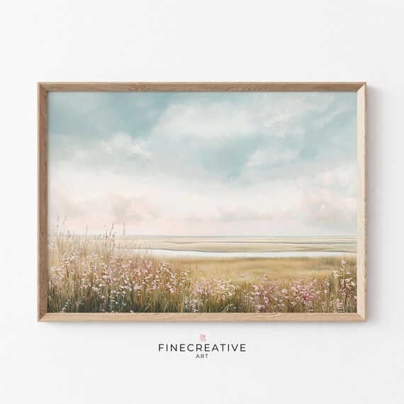 Misty Marsh Wild Grasses Soft Cloudy Sky Countryside Painting Poster