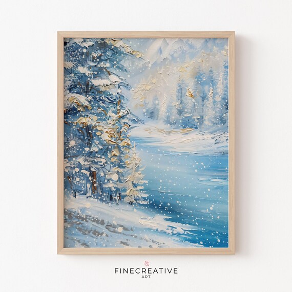 Snowy Blue Impasto Lake And Pine Forest Winter Landscape Poster
