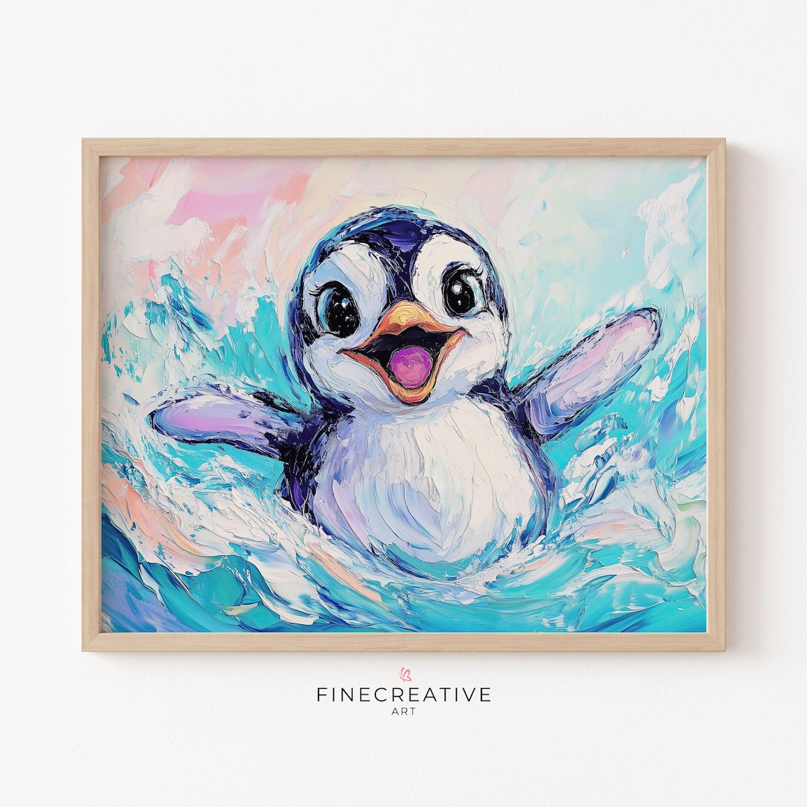 Happy Penguin Splashing in Turquoise Water Cute Oil Painting Poster