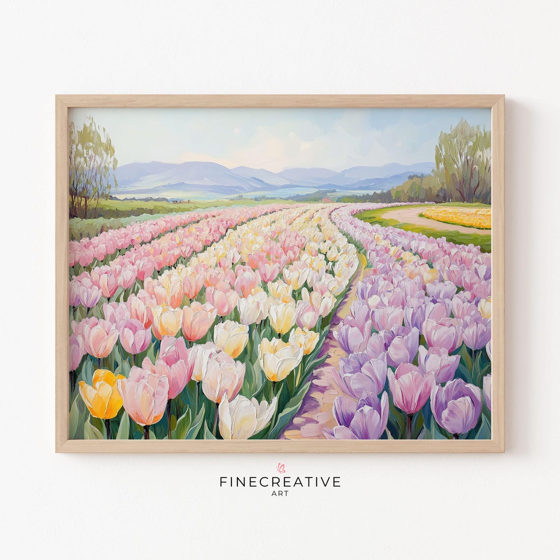 Colorful Tulip Field Rows Under a Pastel Mountain Sky Poster