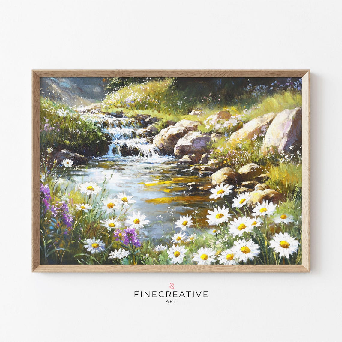 Mountain Waterfall Stream Daisies Wildflowers Spring Painting Poster