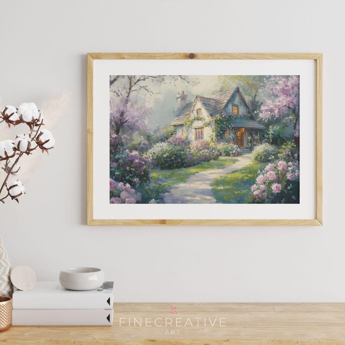 Cottage Garden Path With Pink Roses And Blooming Blossom Trees Print - Image 4