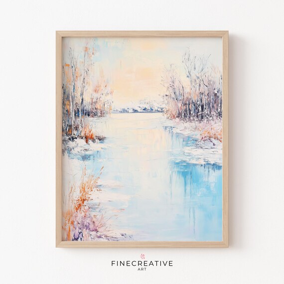 Frozen Lake Winter Painting Blue Ice and Bare Trees Serene Wall Poster