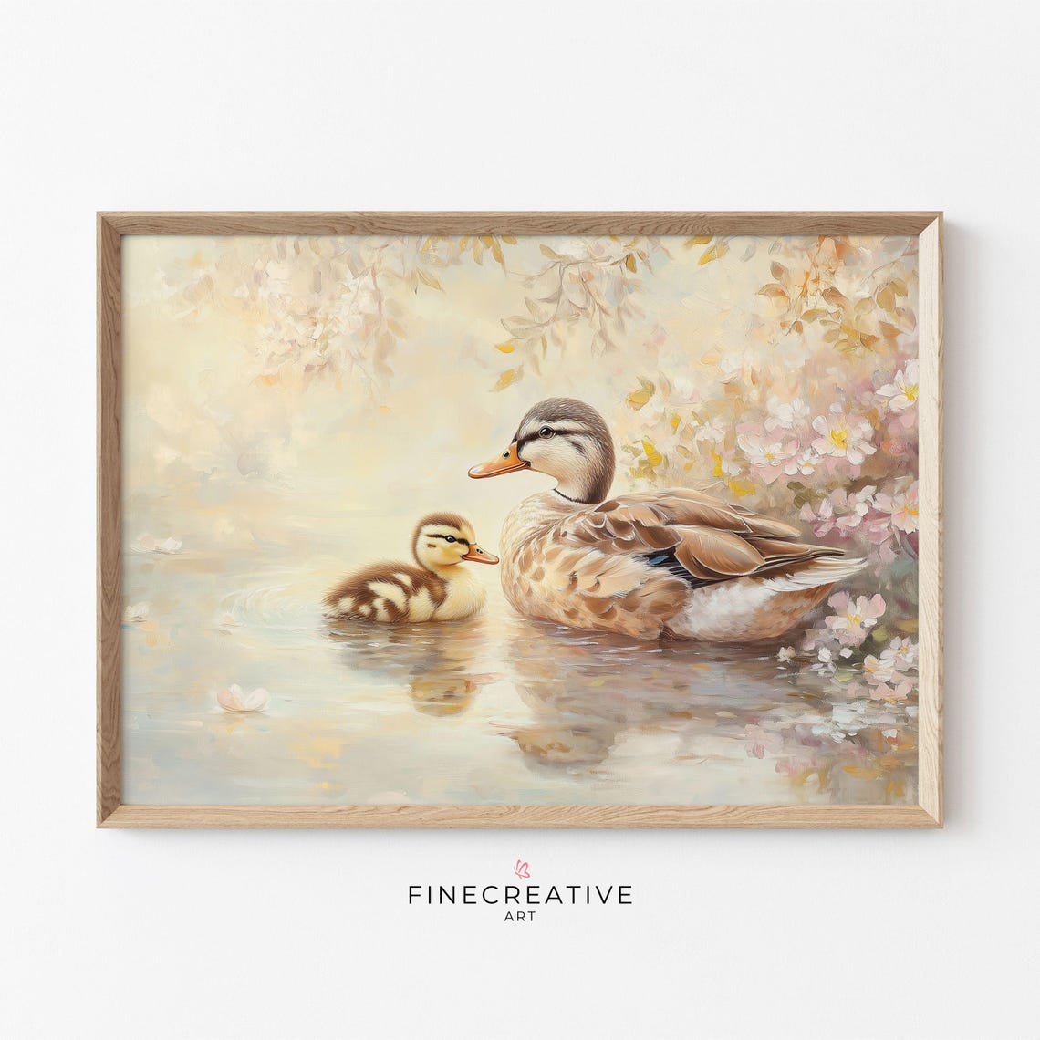 Mother Duck And Duckling Spring Blossom Pond Watercolor Print