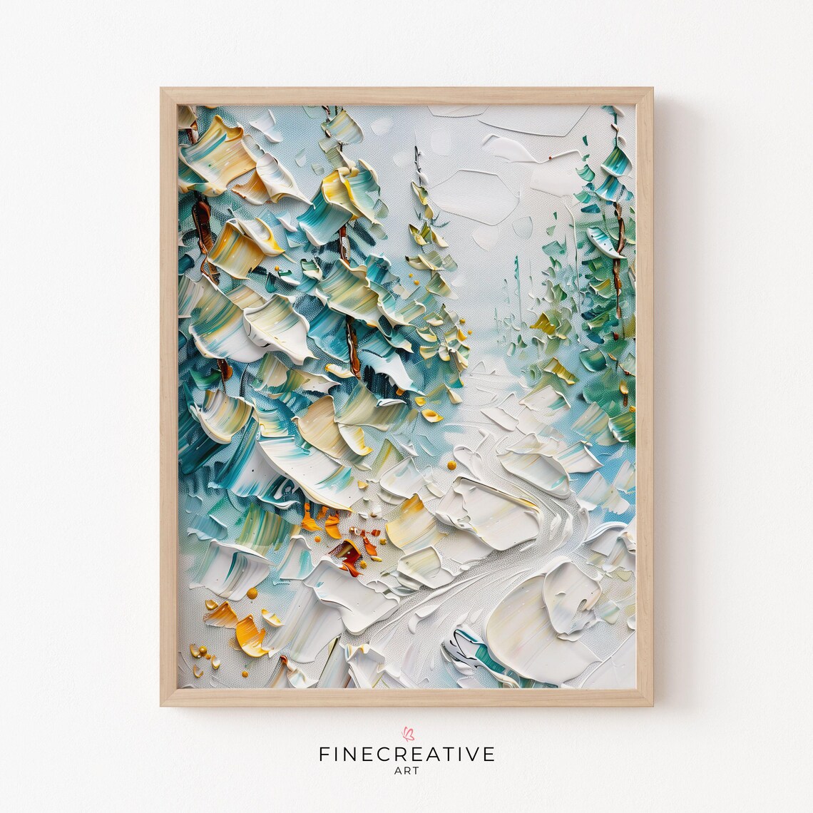Snowy Fir Forest Winter Impasto Painting Teal Gold Snow Scene Poster