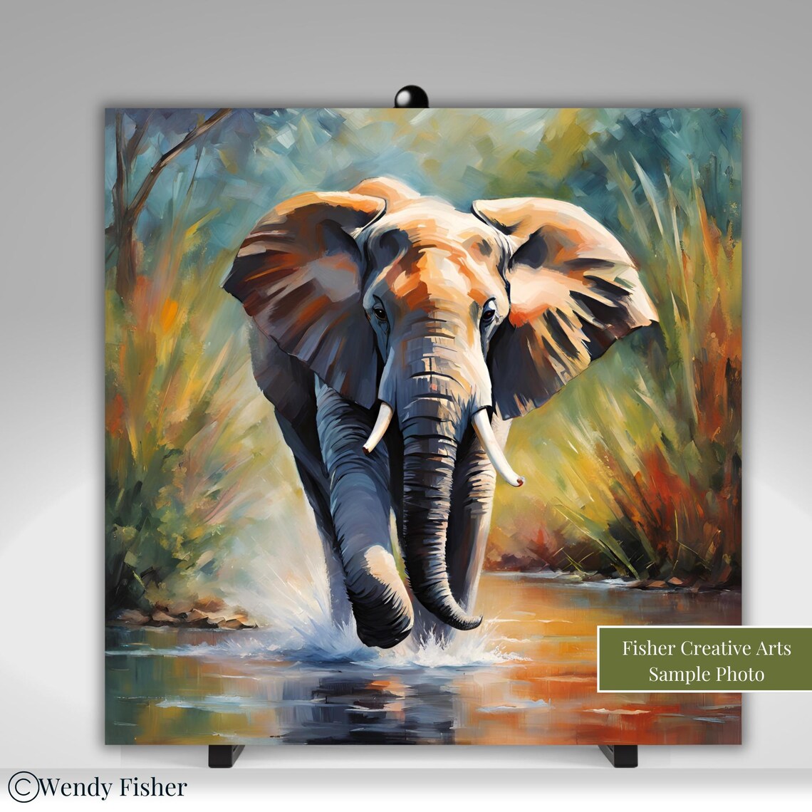 African Elephant Crossing River Wildlife Oil Painting Wall Art - Image 5