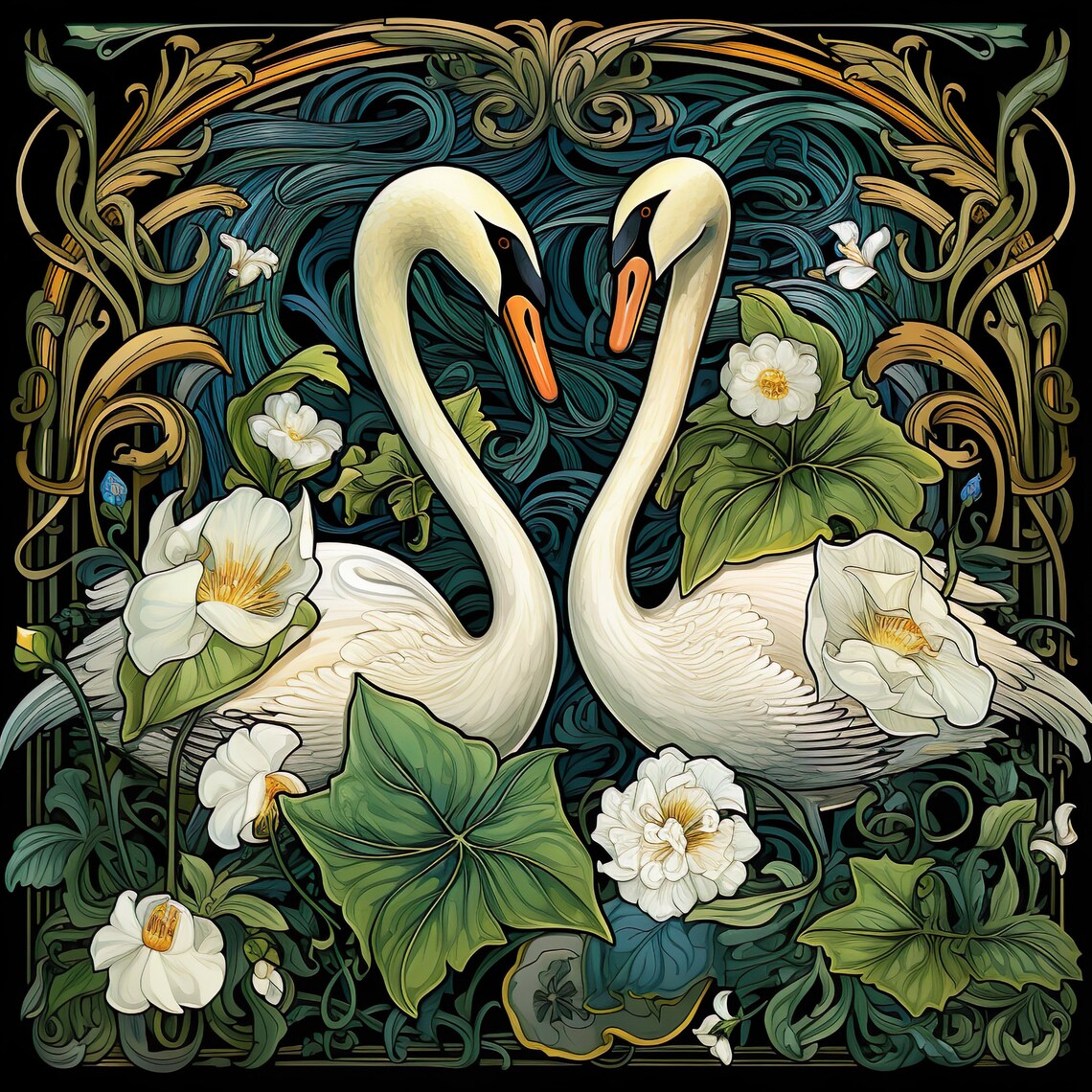 Art Nouveau Botanical Swans Ceramic Tile Print - Image 4