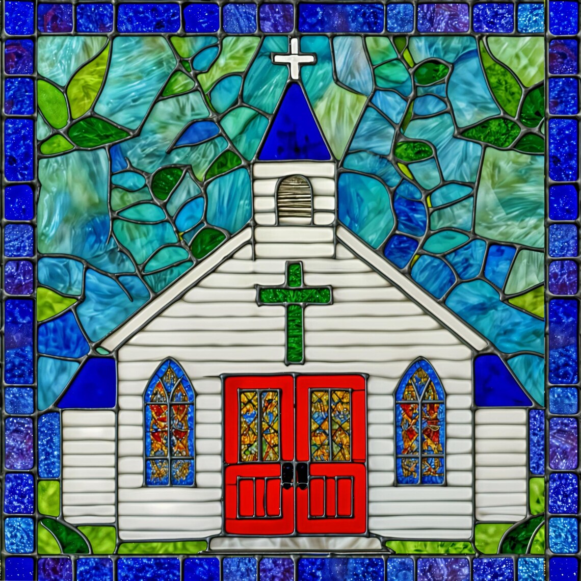 Country Church Stained Glass Style White Chapel Red Doors Wall Art - Image 4