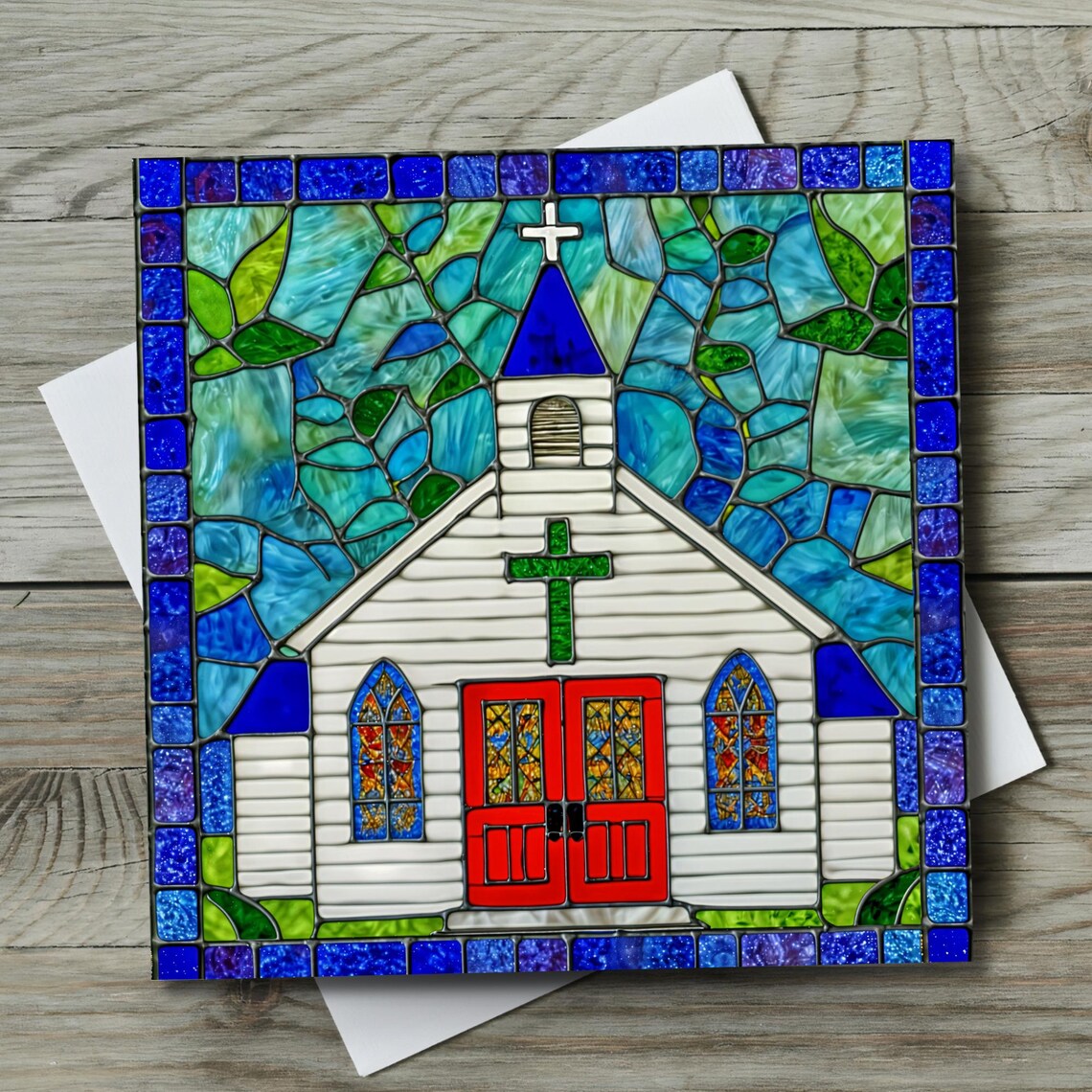 Country Church Stained Glass Style White Chapel Red Doors Wall Art - Image 5