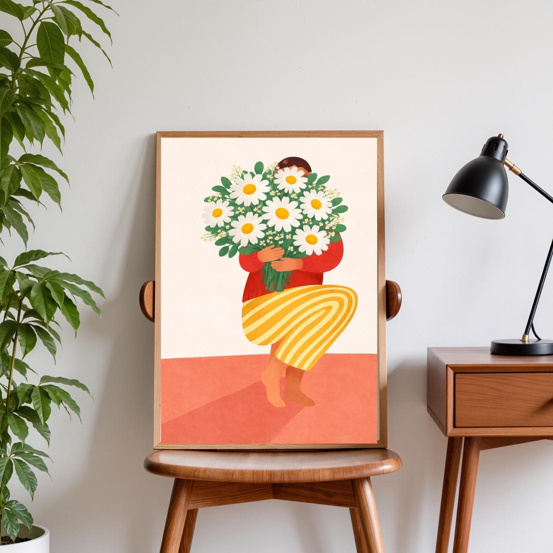 Woman Holding Giant Daisy Bouquet Minimal Floral Portrait Poster