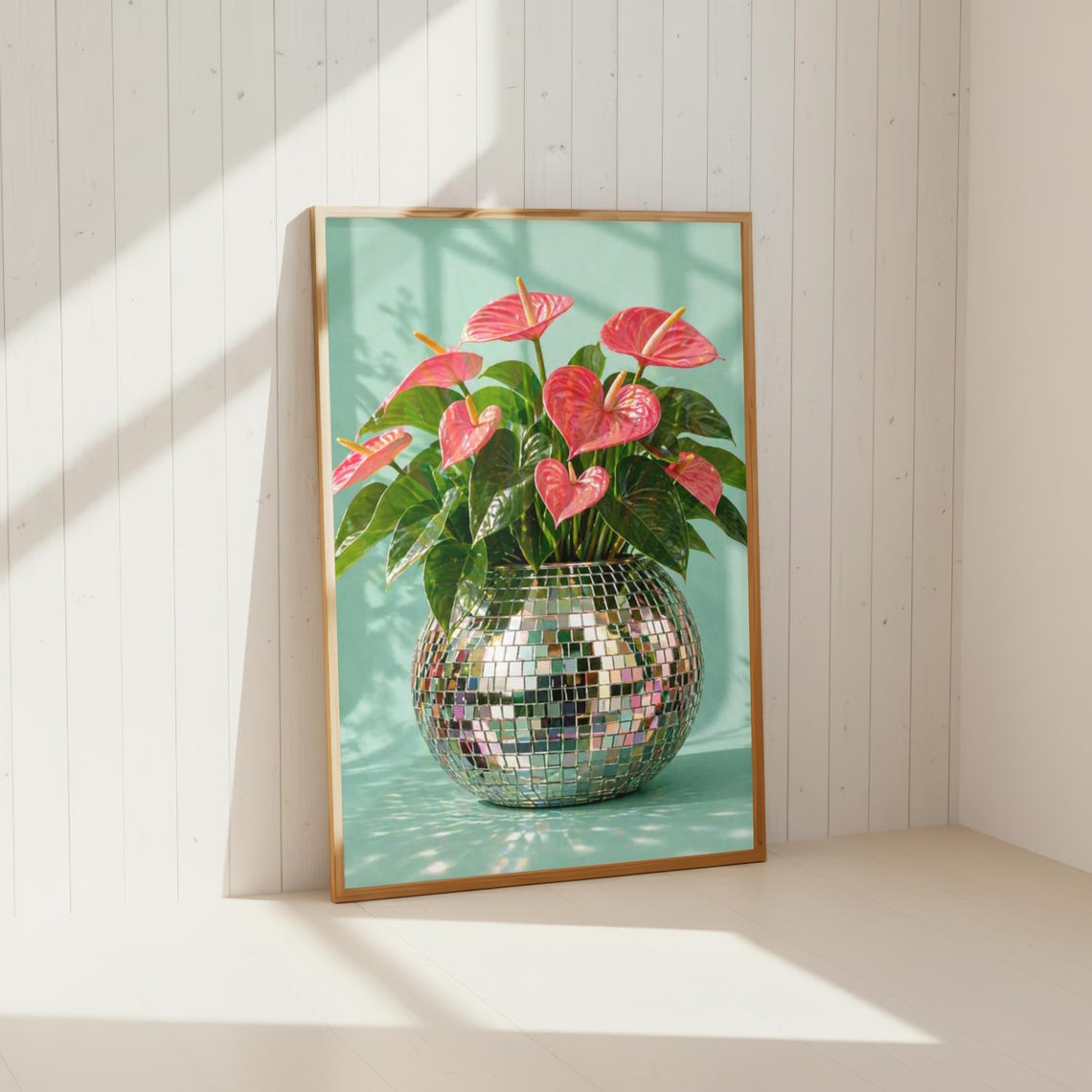 Disco Plant Poster Mirror Ball Vase Tropical Anthurium Print Maximalist Botanical Art
