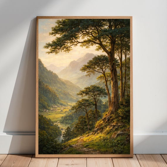 Vintage Mountain Landscape Poster Serene Forest Valley Wall Art Woodland Decor