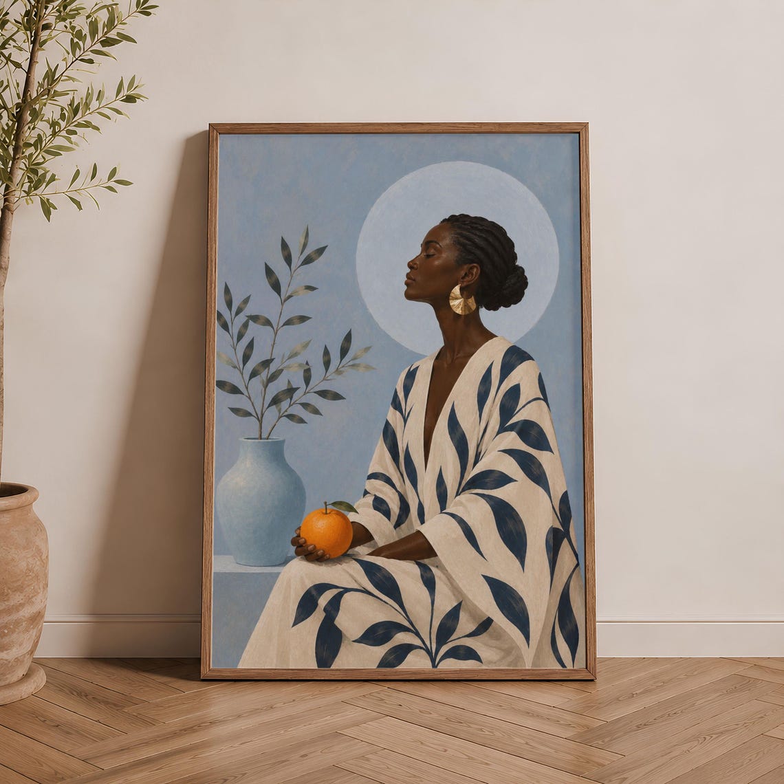 Woman With Orange Under Blue Moon Botanical Portrait Style Poster