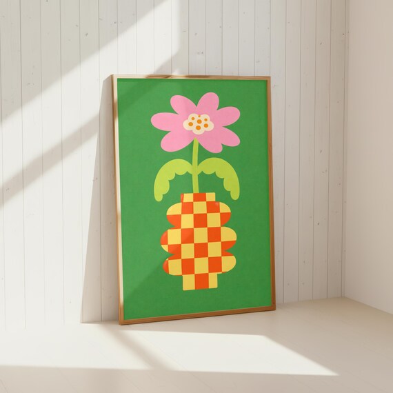 Pink Flower In Checkered Vase Dopamine Retro Floral Art Poster