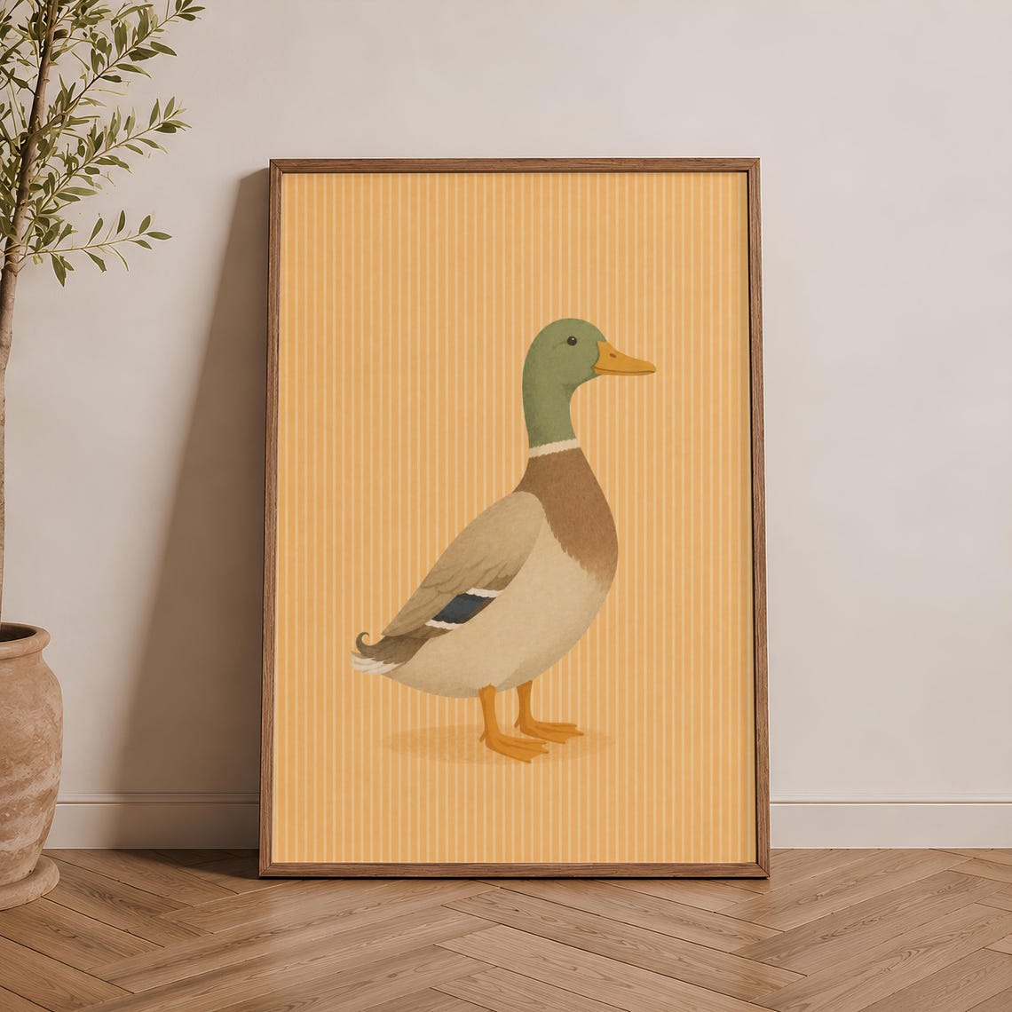 Mallard Duck Minimalist Cute Nursery Striped Background Poster