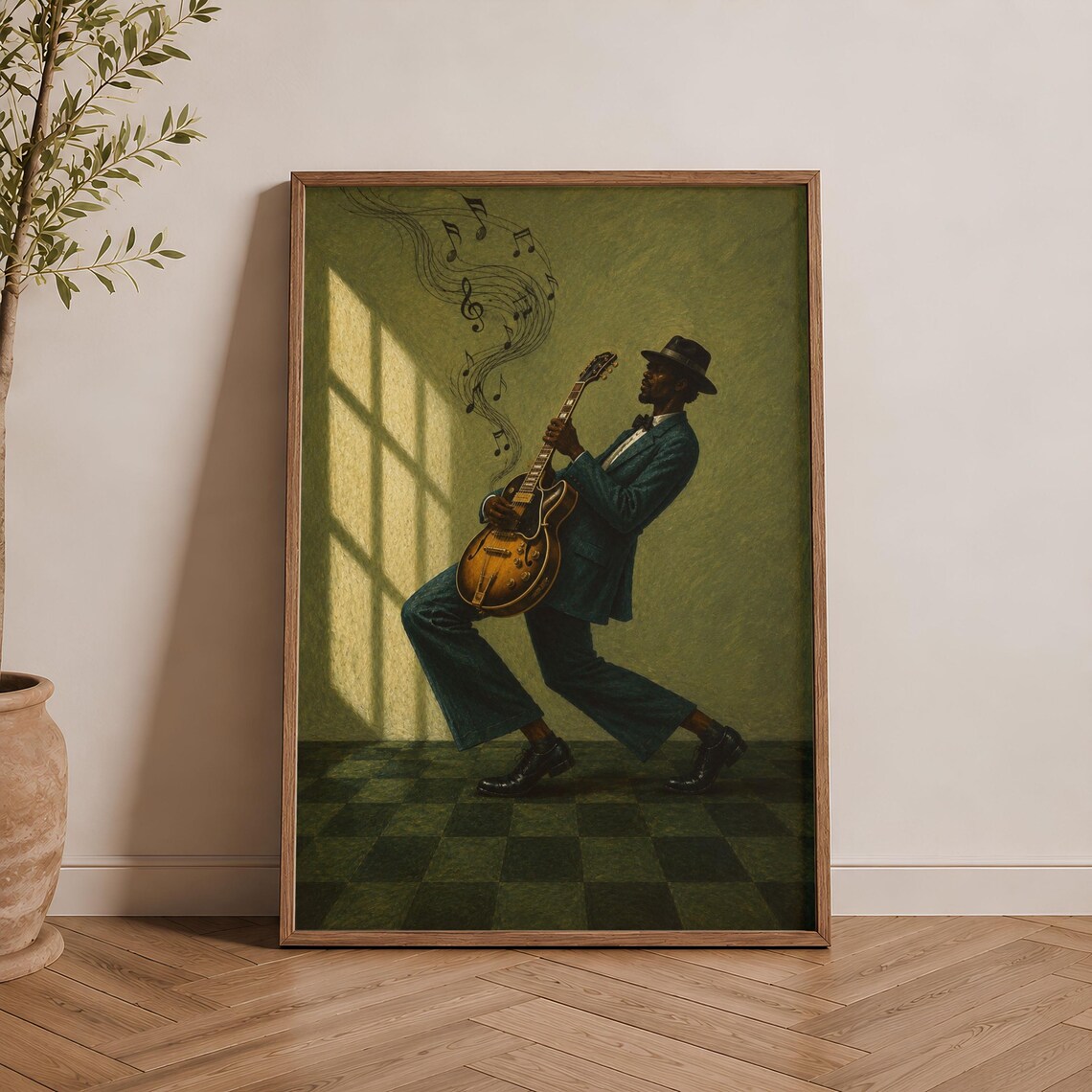 Vintage Jazz Guitar Painting, Retro Musician Art Print