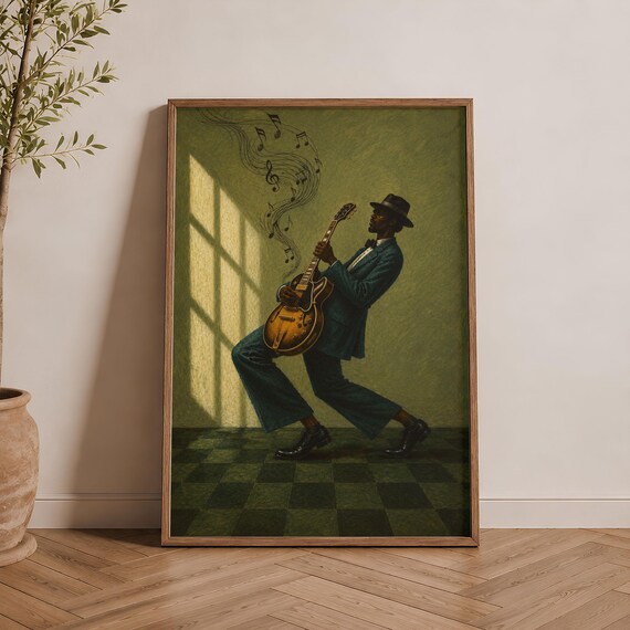 Vintage Jazz Guitar Painting, Retro Musician Art Print