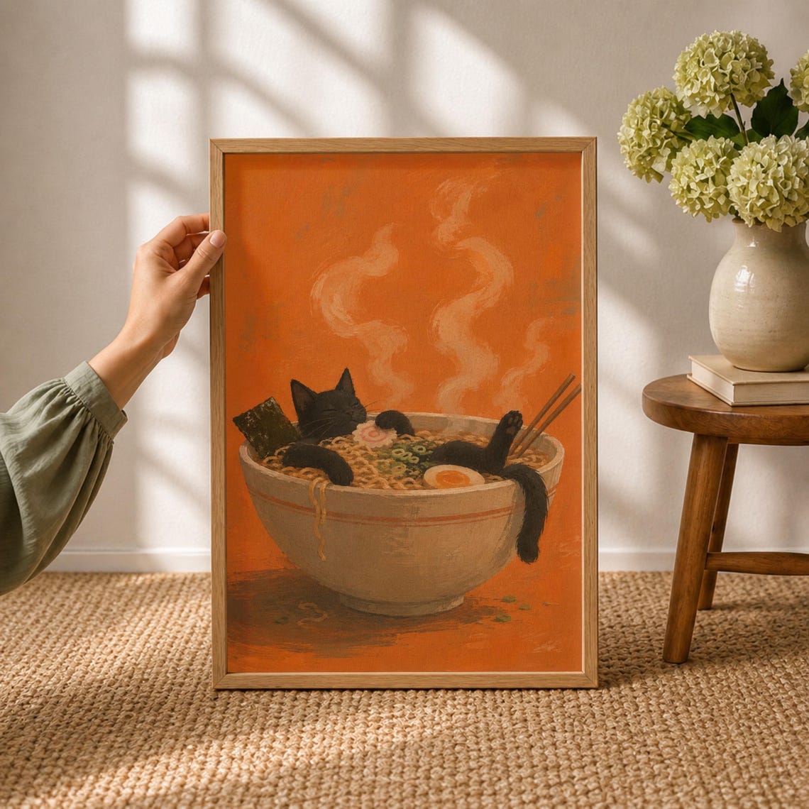 Black Cat Bathing In Ramen Bowl Funny Kawaii Noodle Soup Art Poster