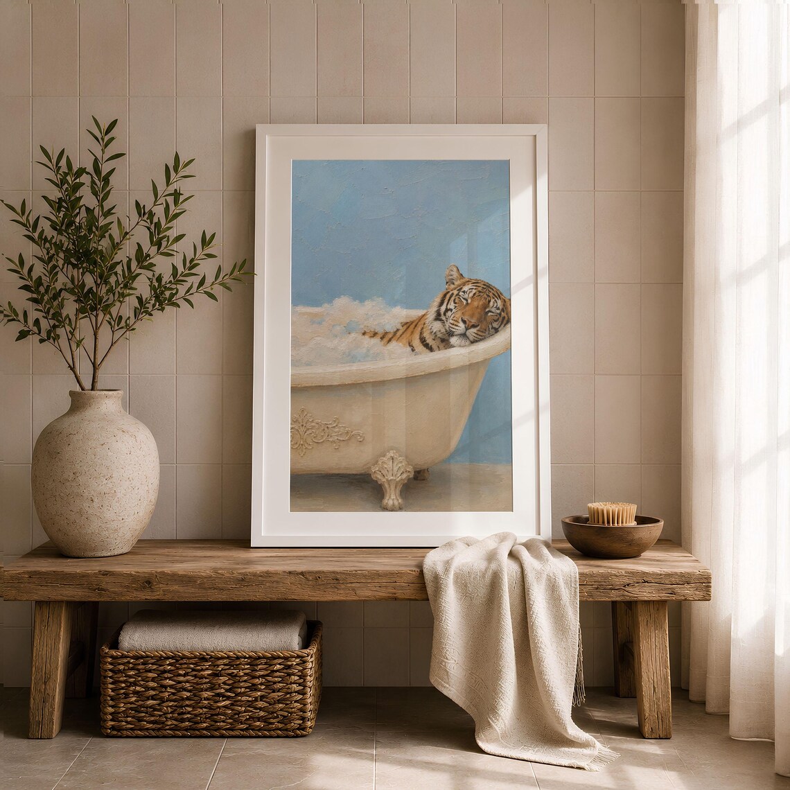 Sleeping Tiger in a Clawfoot Bathtub Poster Whimsical Safari Bathroom Decor