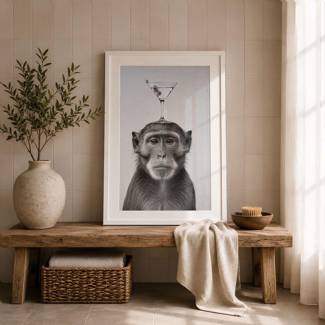 Monkey Balancing Martini Black White Minimalist Animal Poster