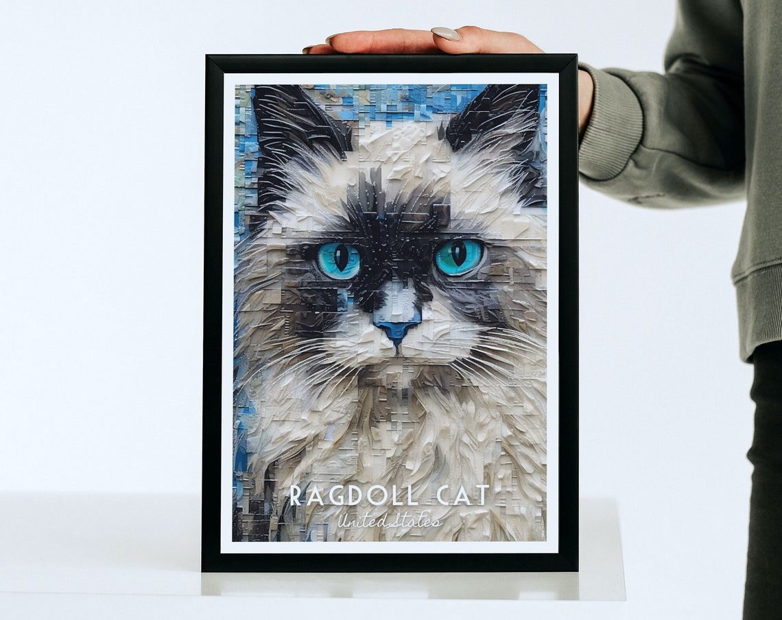 Ragdoll Cat Striking Blue Eyes Mosaic Portrait Wall Art for Home