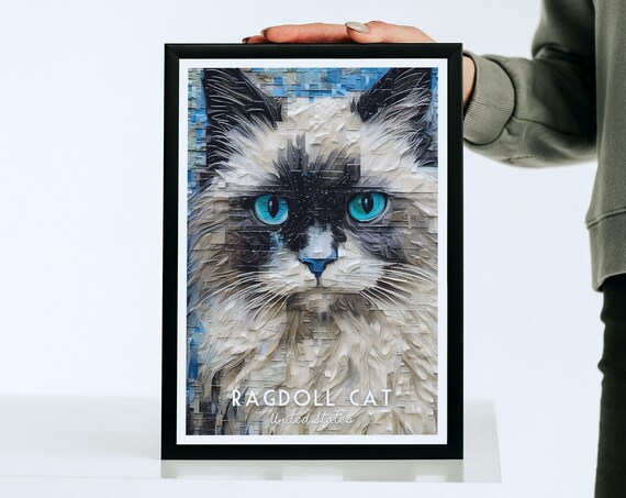 Ragdoll Cat Striking Blue Eyes Mosaic Portrait Wall Art for Home