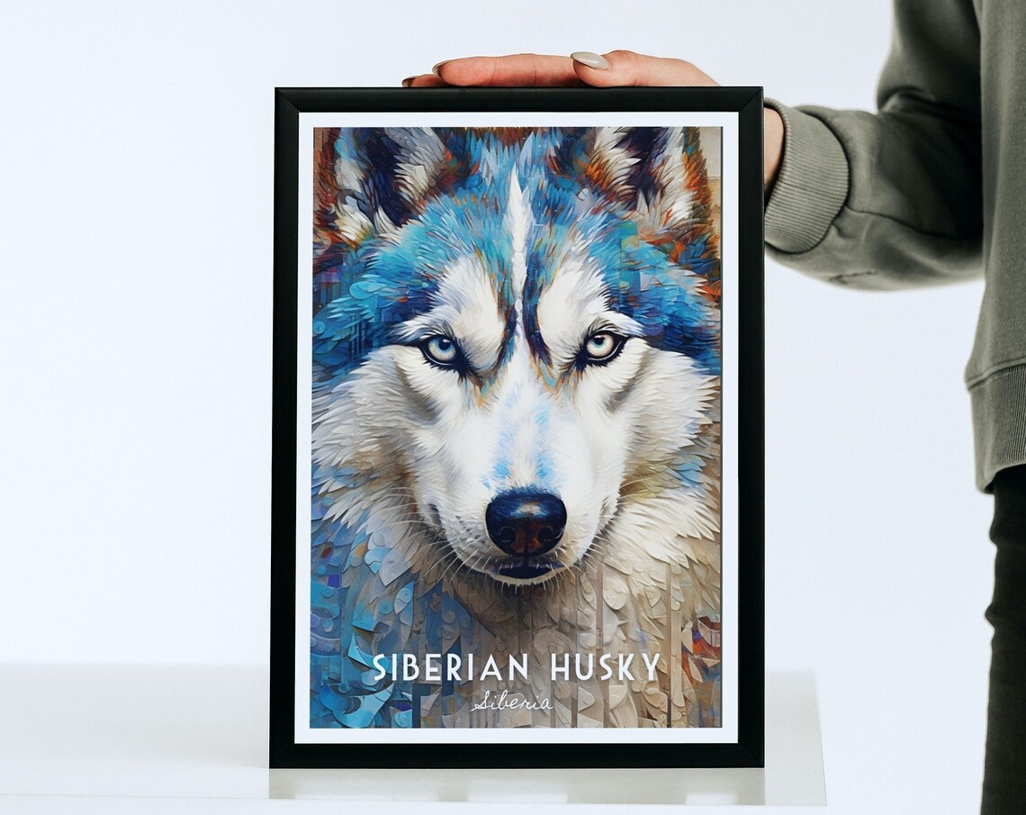 Siberian Husky Striking Blue Mosaic Dog Breed Portrait Poster