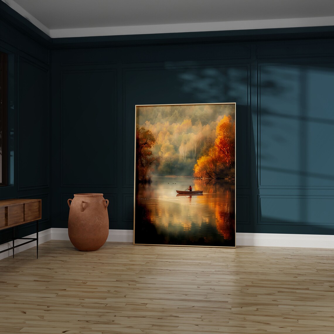 Misty Autumn Lake with Lone Rower Among Golden Foliage Poster - Image 5