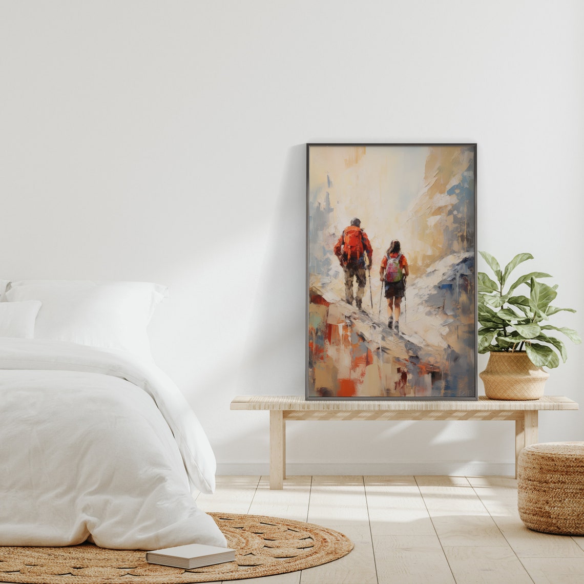 Two Hikers Climbing a Misty Mountain Trail Impressionist Art Poster - Image 6