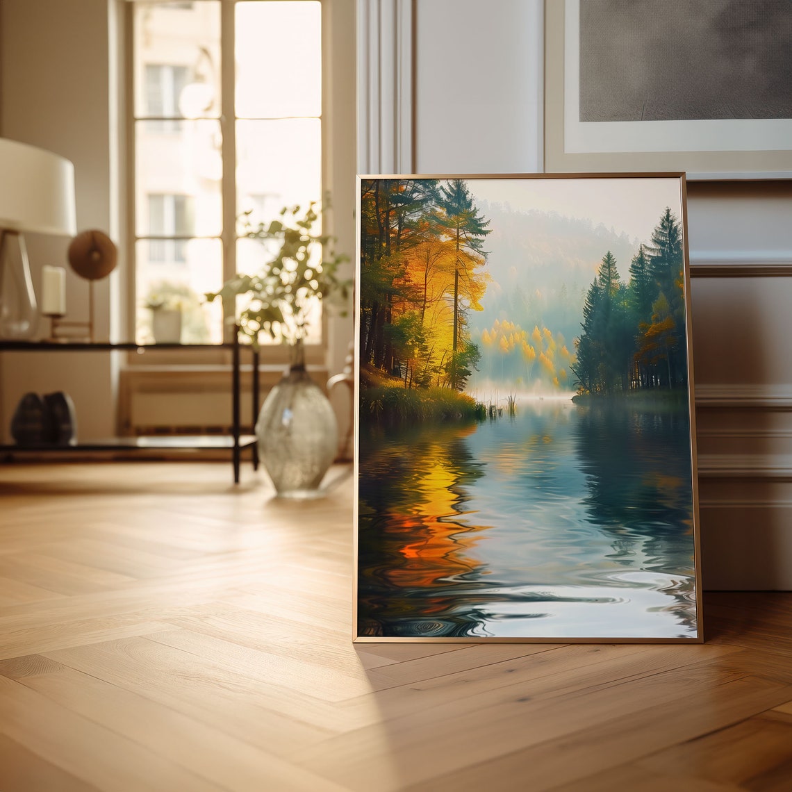 Misty Autumn Lake Between Pine Forests Calm Nature Art Poster - Image 5