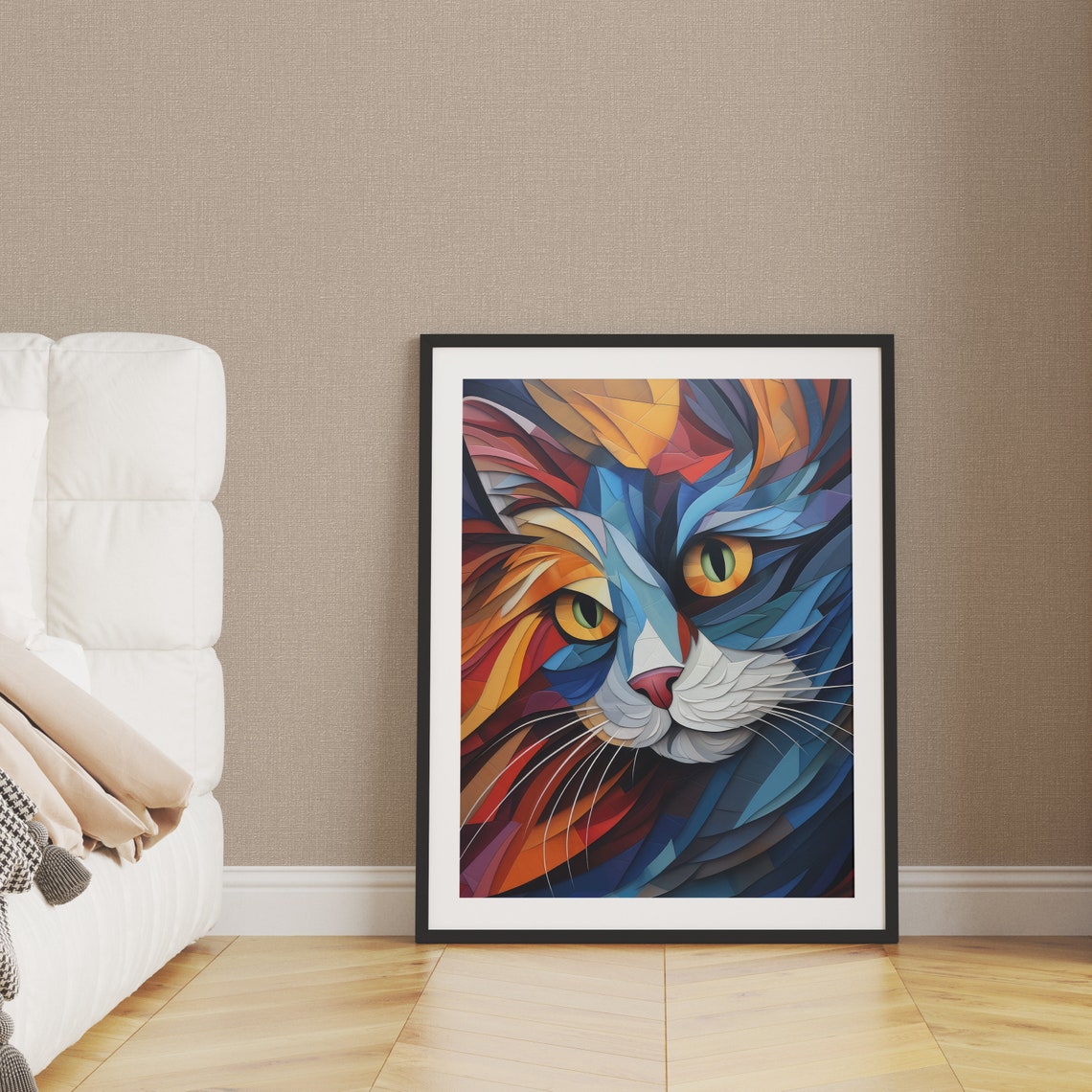 Geometric Patchwork Cat Face Close Up in Bright Blue Art Poster - Image 5