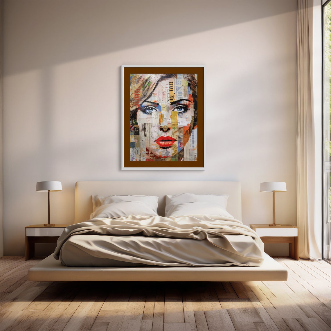 Newspaper Collage Woman Face with Blue Eyes and Red Lips Poster - Image 4