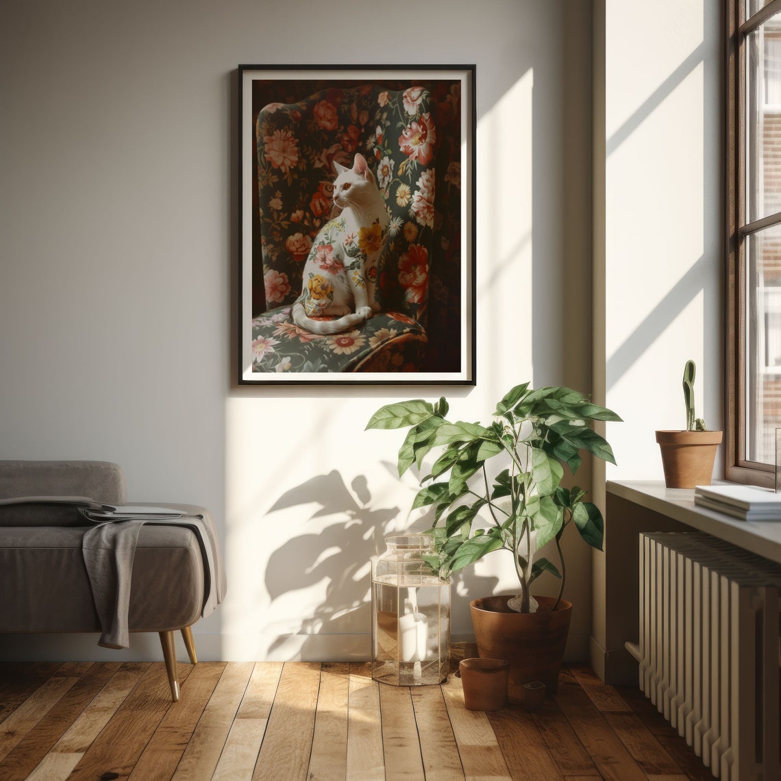 Floral White Cat on Vintage Chair Botanical Double Exposure Poster - Image 3