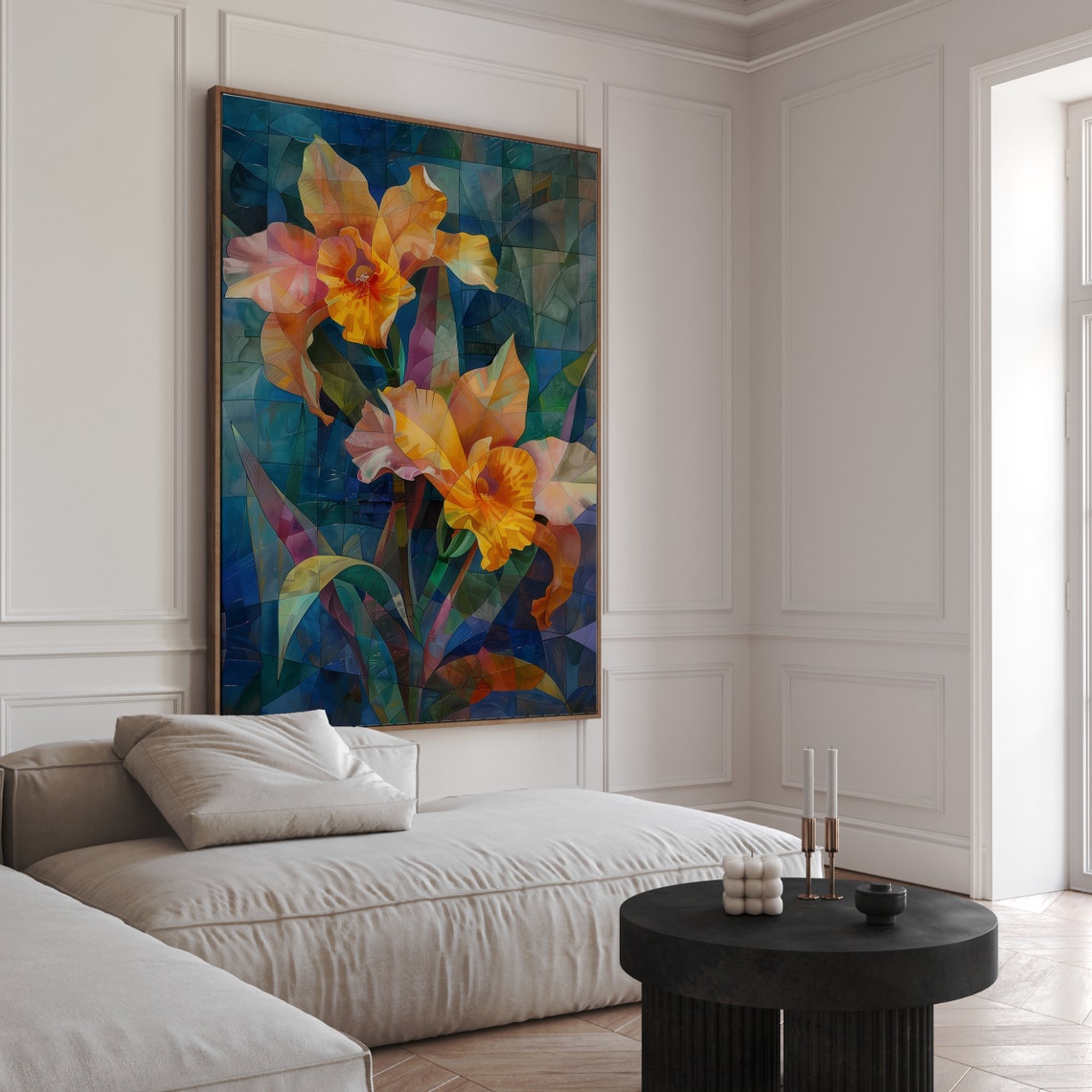 Golden Orchids in Stained Glass Mosaic Botanical Style Art Poster - Image 6