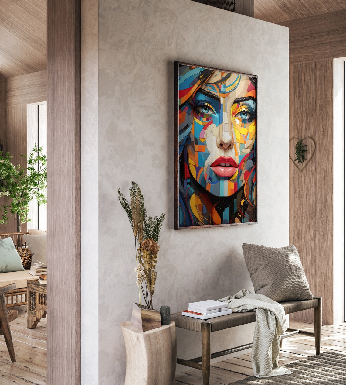 Vibrant Cubist Mosaic Woman Face with Red Lips Closeup Poster - Image 4