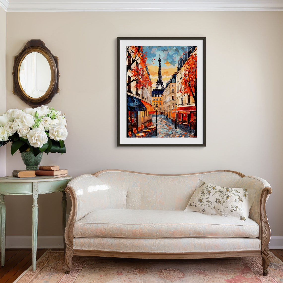 Charming Paris Street Cafe Scene with Eiffel Tower Autumn Art Poster - Image 3