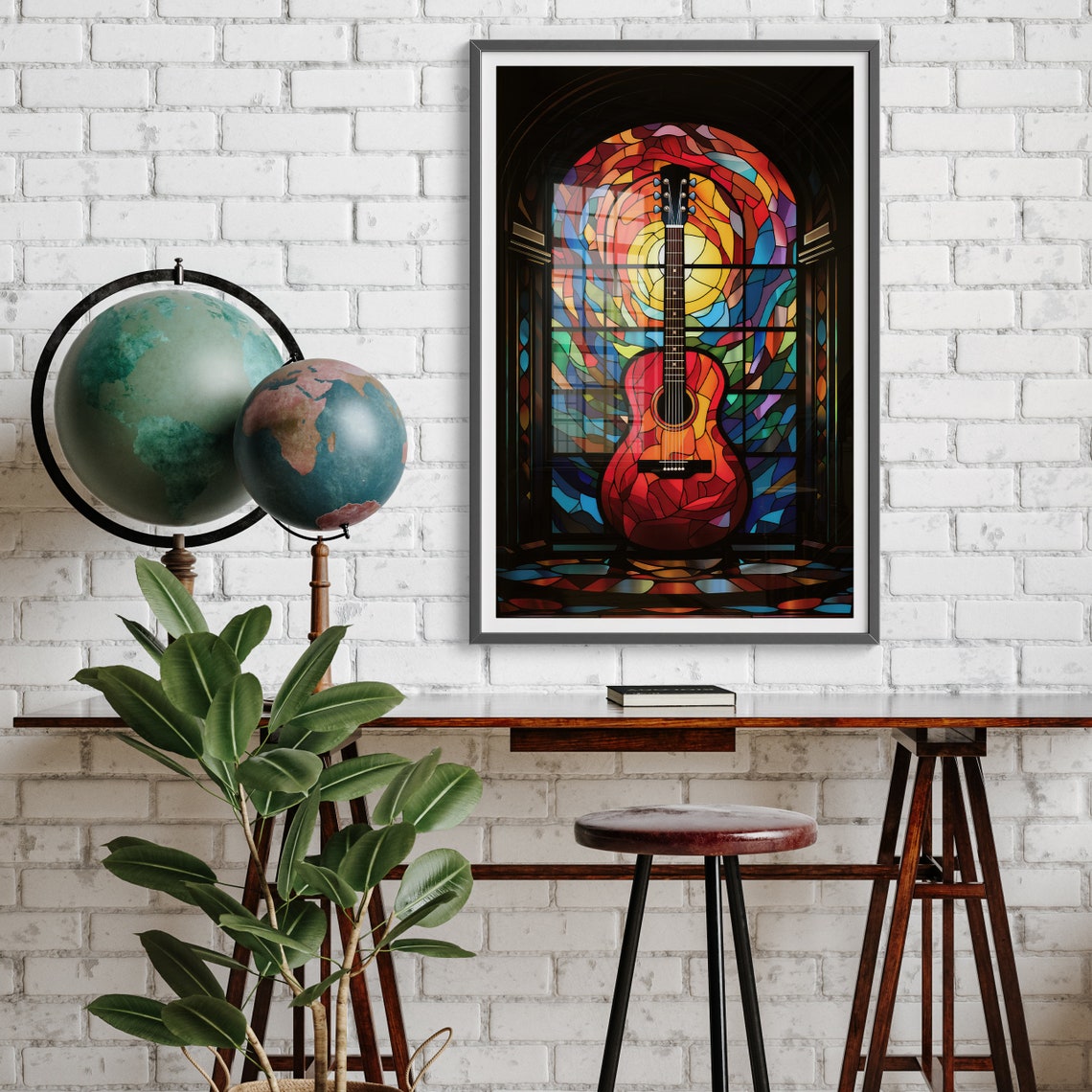 Stained Glass Acoustic Guitar Before Cathedral Window Art Poster - Image 5