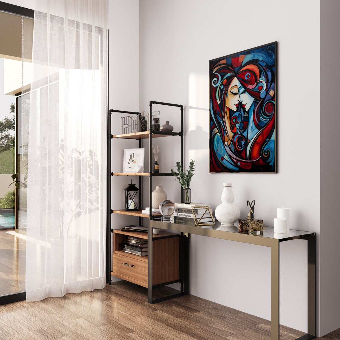 Abstract Lovers Faces Intertwined in Red and Blue Swirls Poster - Image 4