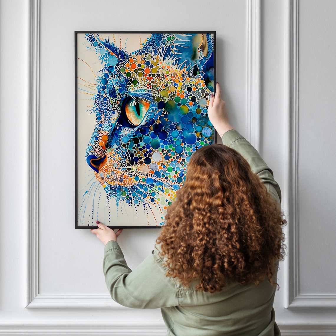 Pointillist Cat Profile in Blue Dots Abstract Style Art Poster - Image 5