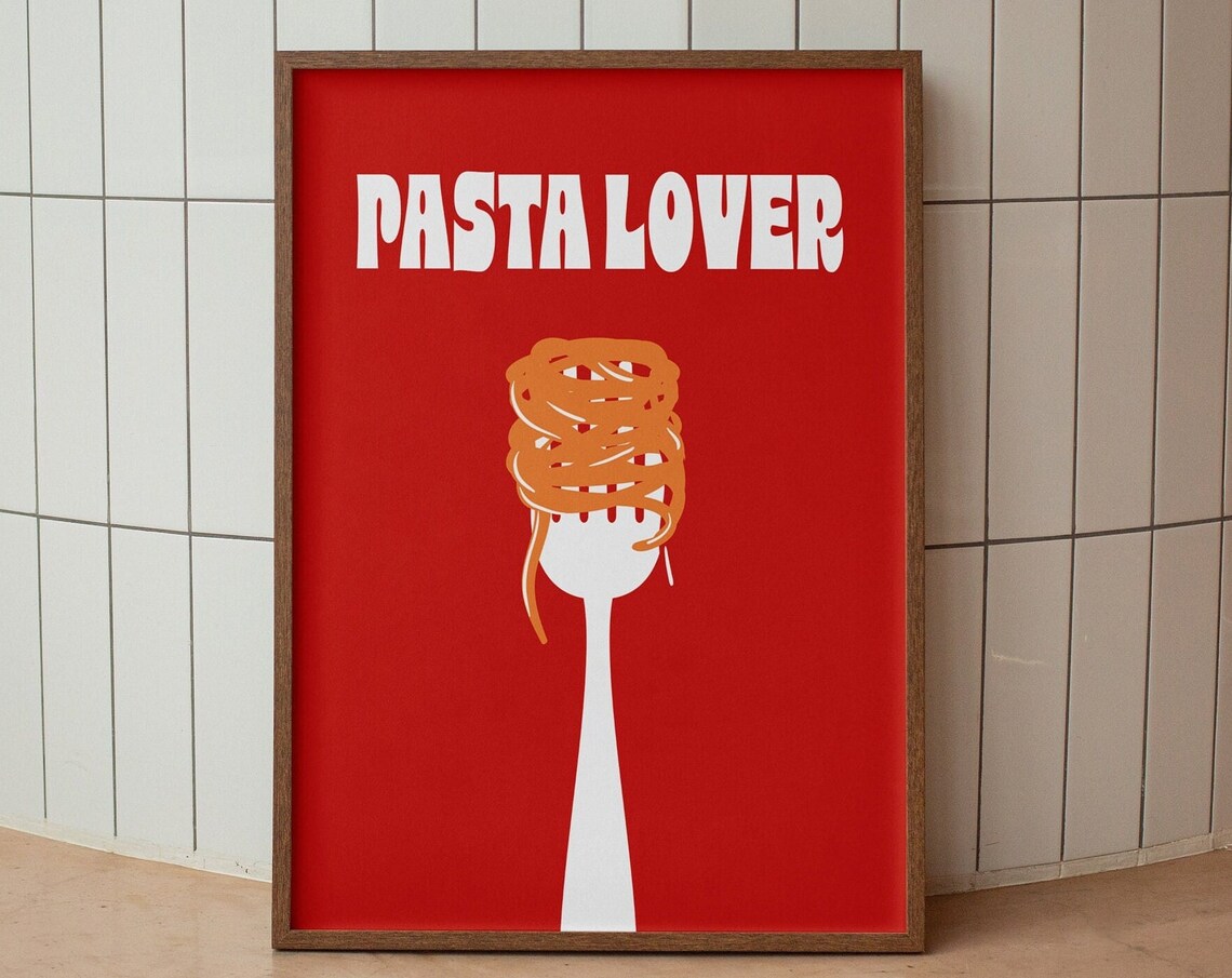 Red Pasta Lover Fork With Spaghetti Twirl Kitchen Art Poster