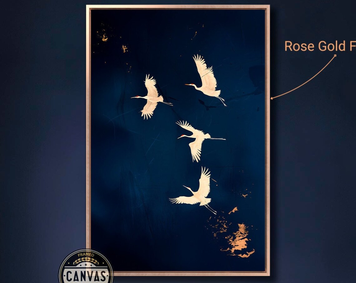 Elegant Gold Cranes Art Print, Dark Blue Background