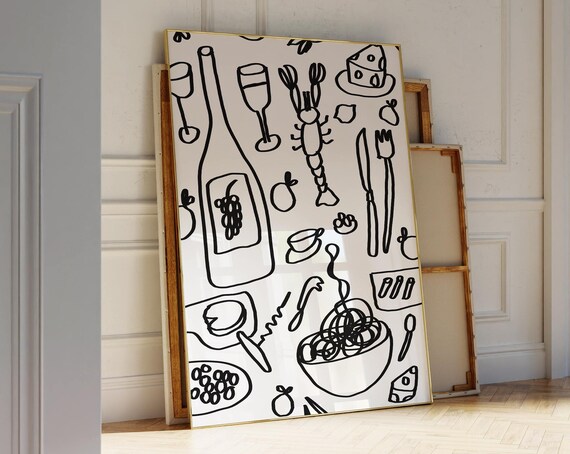 Seafood Black And White Kitchen Bar Cart Poster