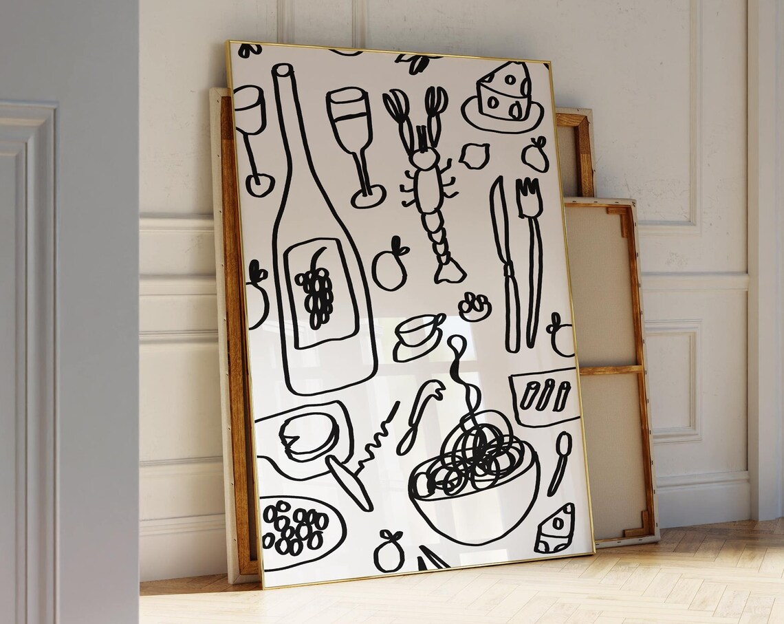 Seafood Black And White Kitchen Bar Cart Poster