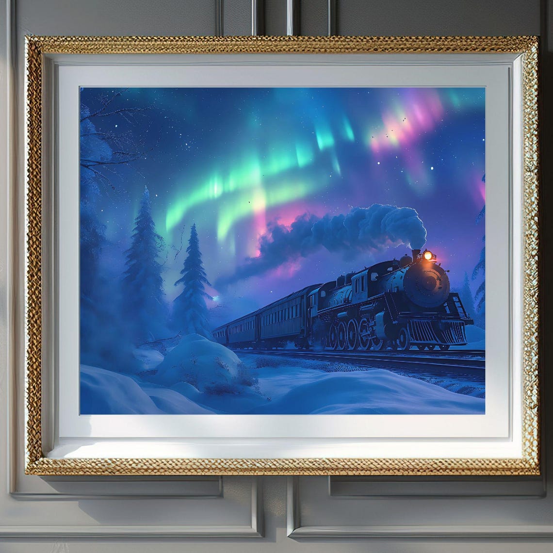 Magic Northern Lights Steam Train Winter Night Snowy Scene Poster