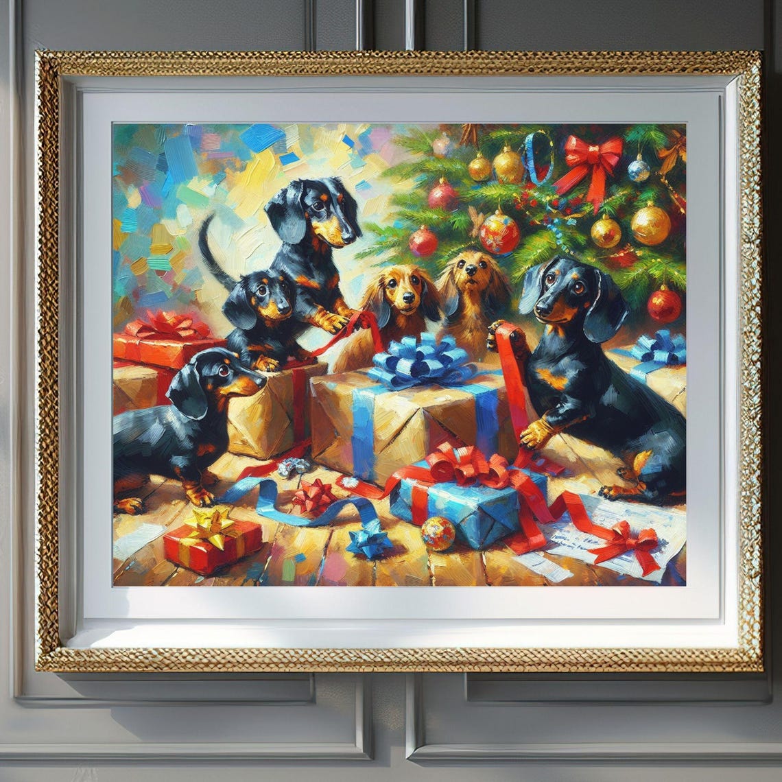 Five Dachshund Puppies with Christmas Gifts Under the Tree Poster