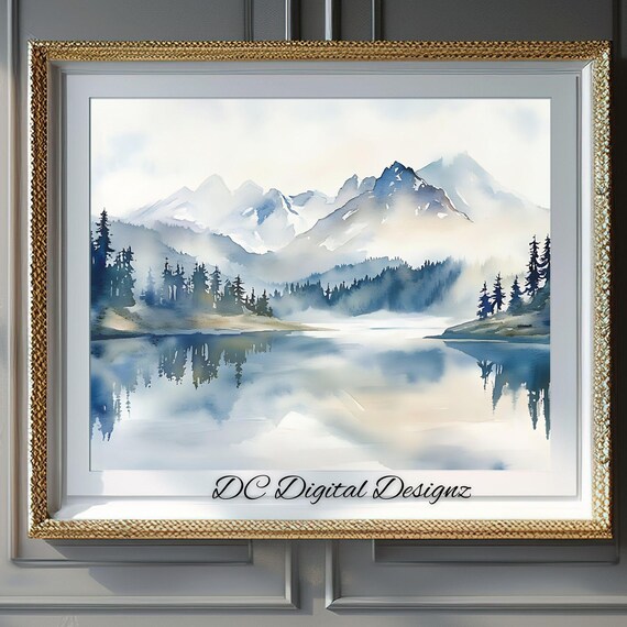 Misty Blue Mountain Lake with Pine Forests Watercolor Nature Poster