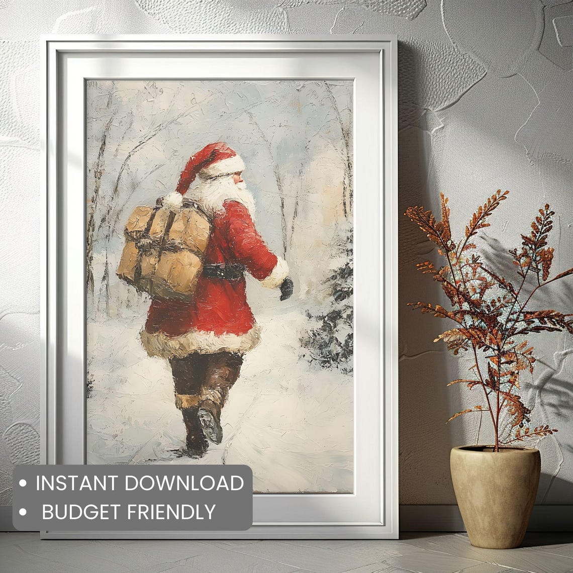 Santa Claus Walking With Gift Sack Snowy Forest Vintage Style Poster - Image 2