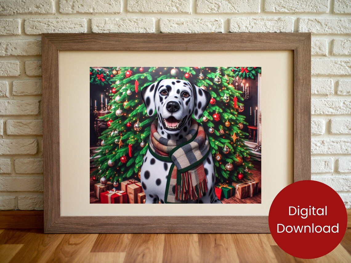 Happy Dalmatian Dog Plaid Scarf Christmas Tree Festive Pet Poster