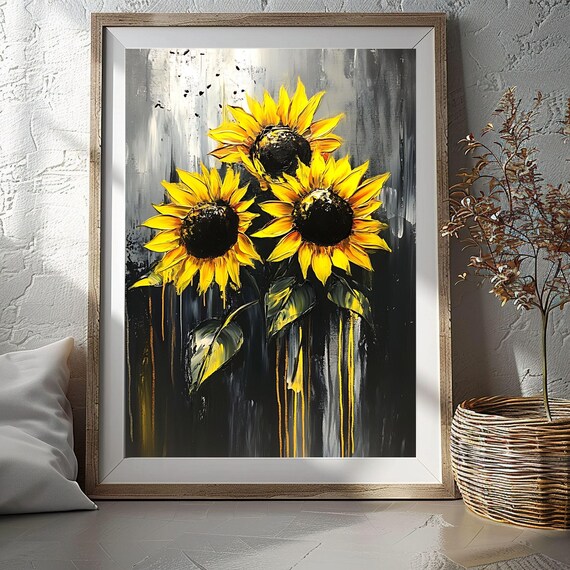 Three Sunflowers on Dark Moody Background Botanical Art Poster