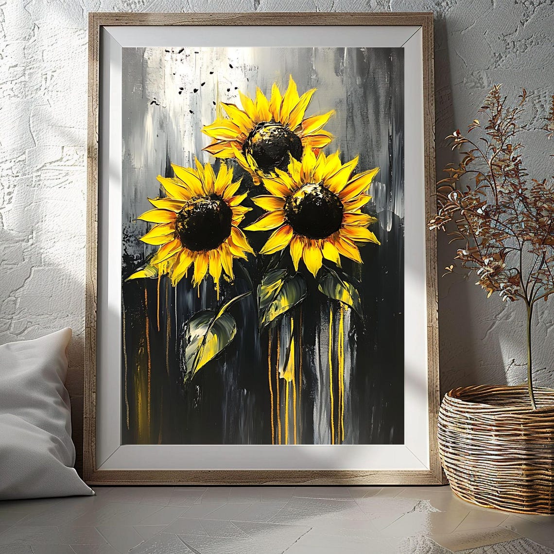 Three Sunflowers on Dark Moody Background Botanical Art Poster